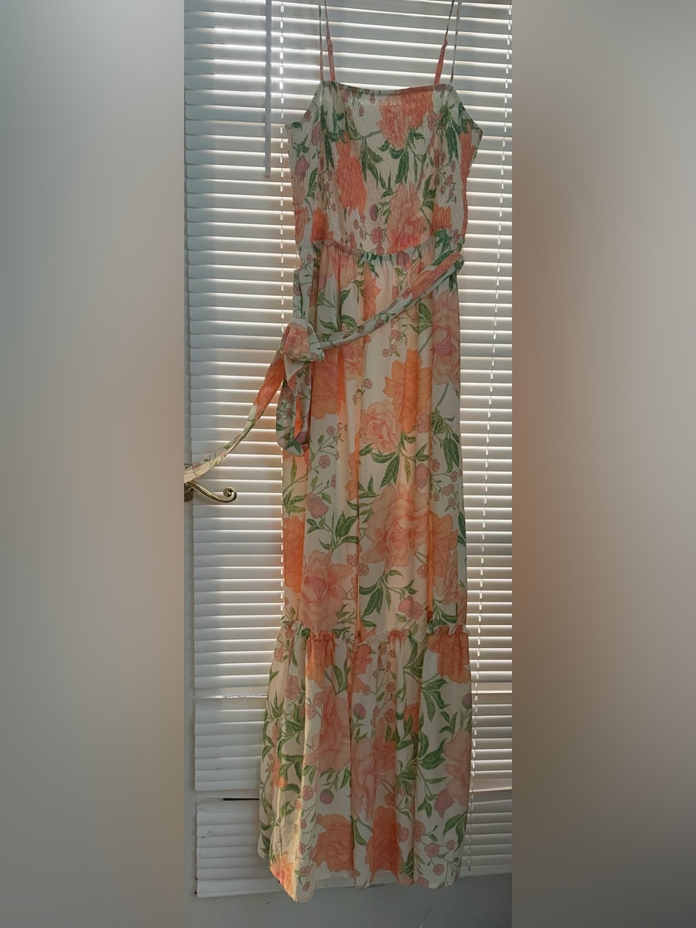 Peach Floral Maxi Romper with Green Leaves